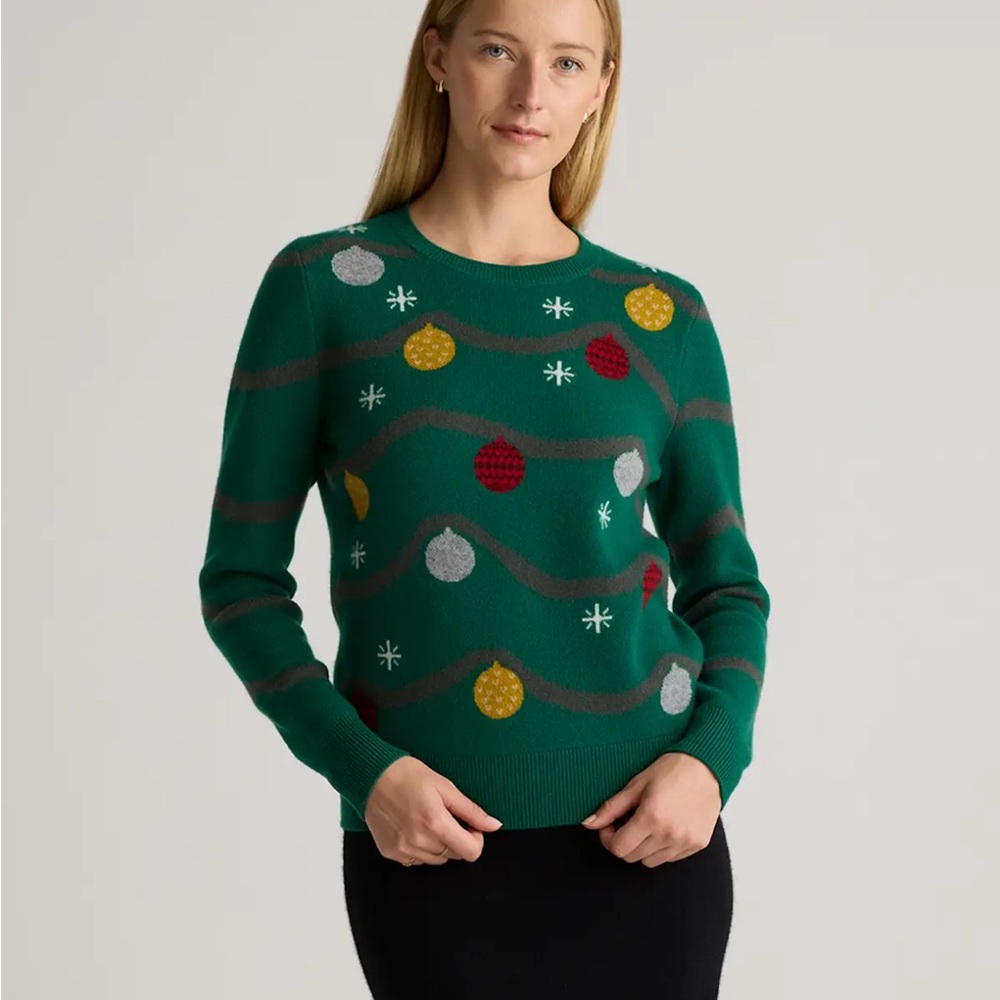Quince Green Crewneck Sweater with Festive Ornament Pattern